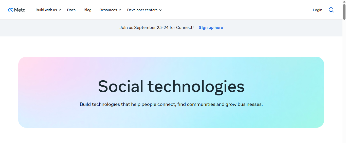 Meta for Developers homepage showing the Login button