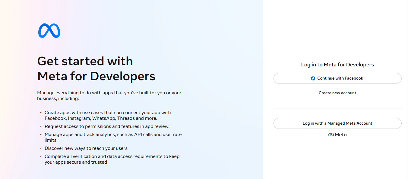 Meta for Developers login page
