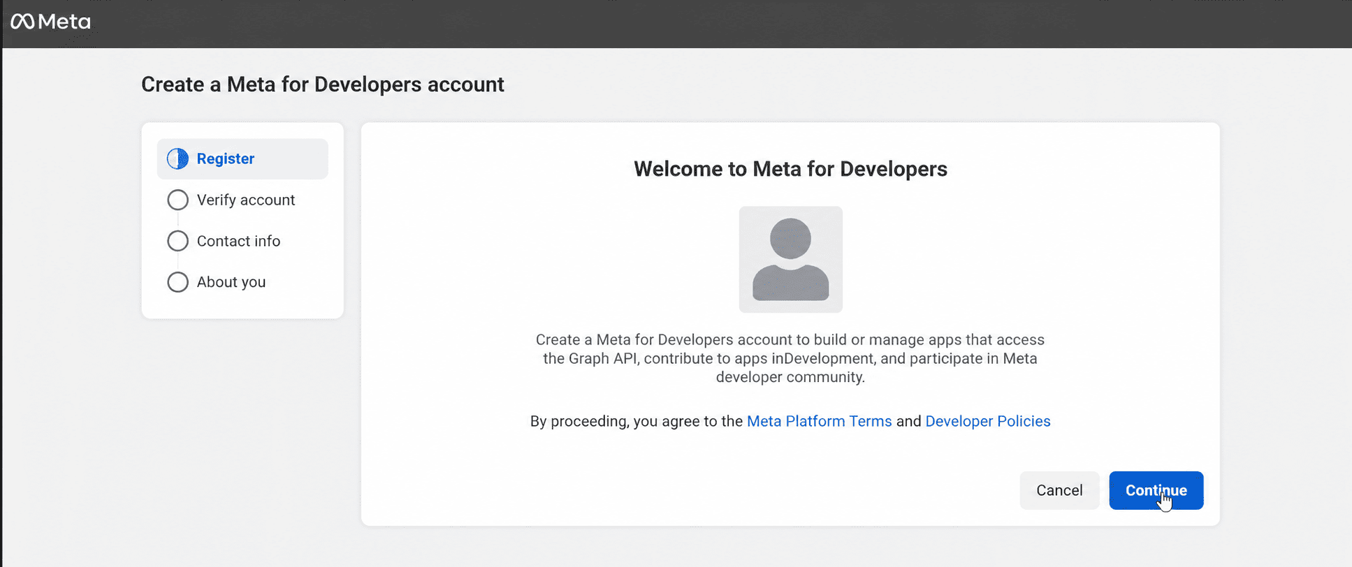 Welcome to Meta for Developers registration screen