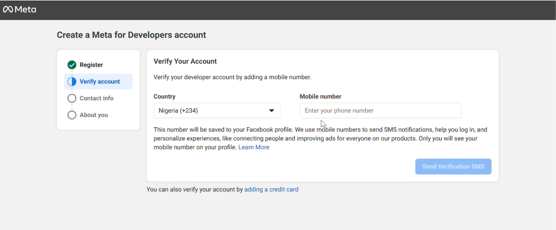Account verification page with country and mobile-number fields