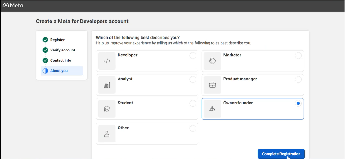 Role-selection page showing the Complete Registration button