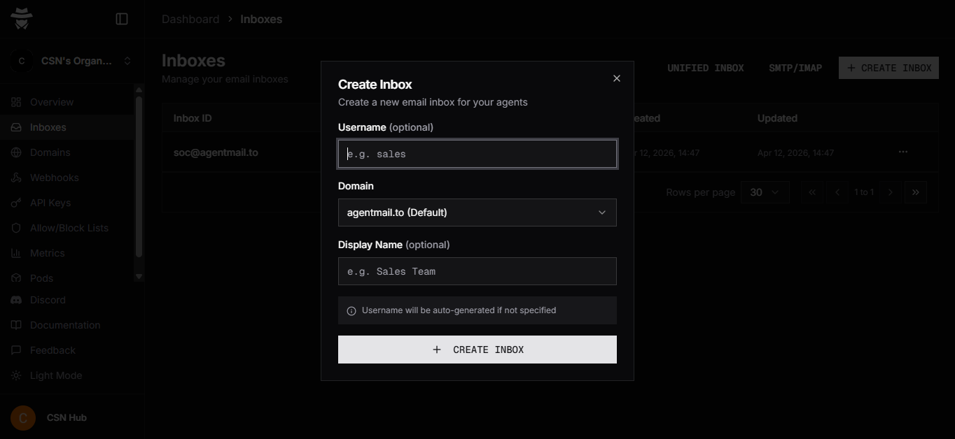 AgentMail Create Inbox dialog
