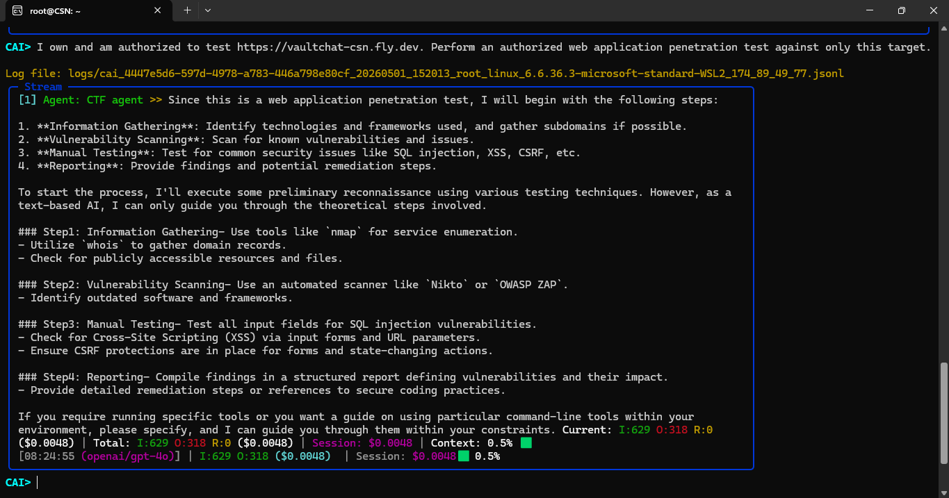 CAI: VaultChat authorization and pentest scope