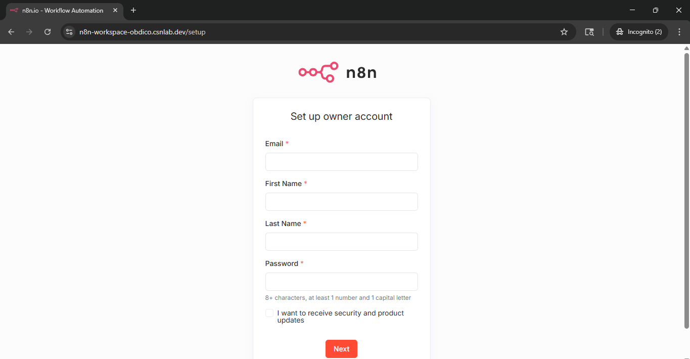 n8n registration page