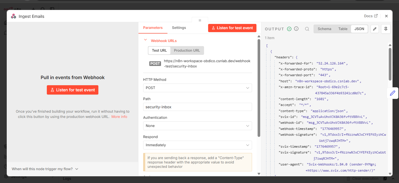 Webhook node configuration panel showing POST and security-inbox