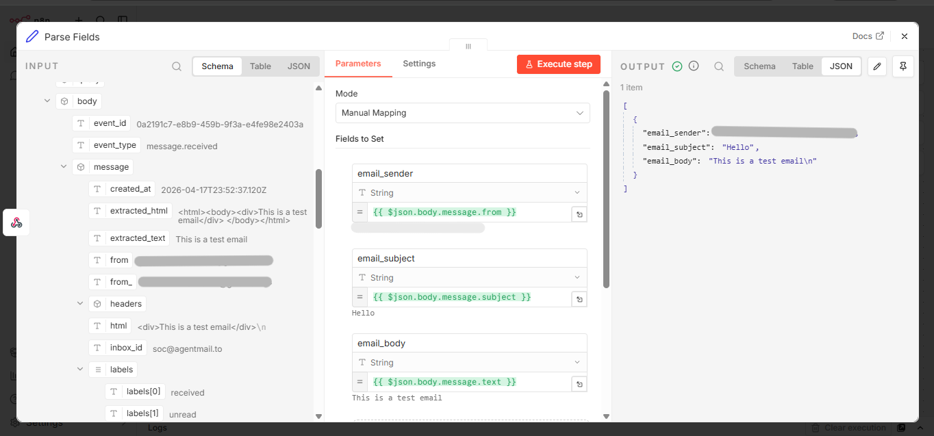 Parse Fields node with the three assignments