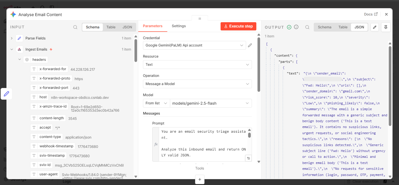 Gemini node showing model selection and prompt