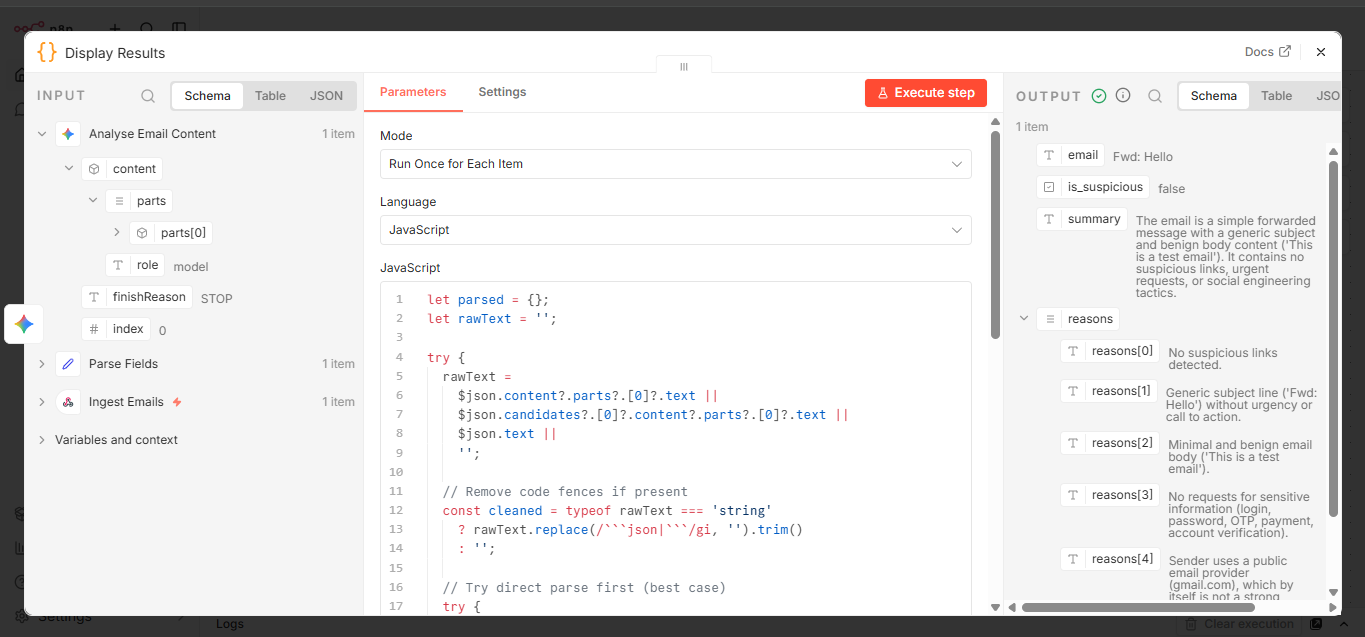 Display Results Code node with full JavaScript pasted in